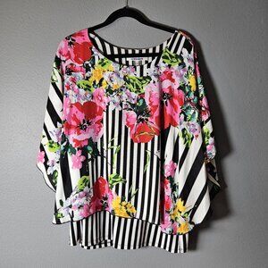 Nygard Layered Striped Floral Blouse Black Pink White Size XL